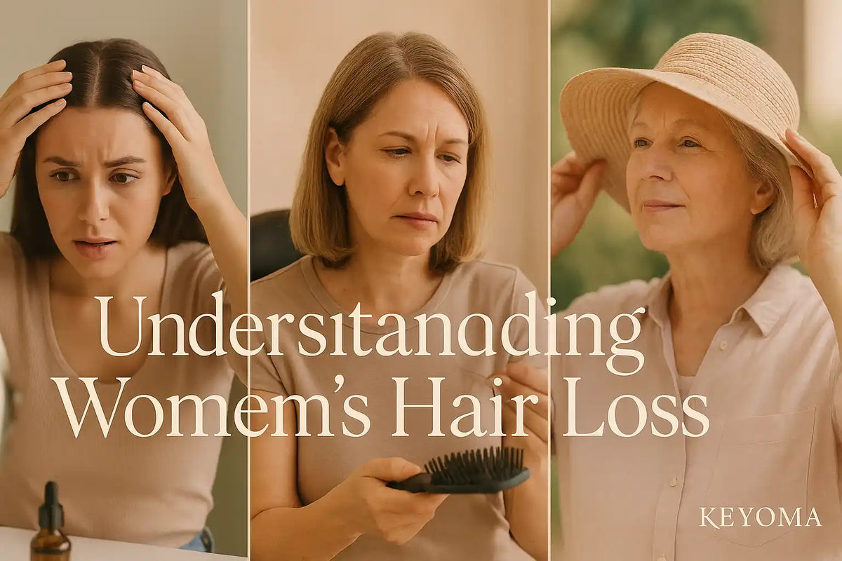 A Keyoma banner visual capturing women of different ages experiencing hair loss, representing various life stages and emotional responses.