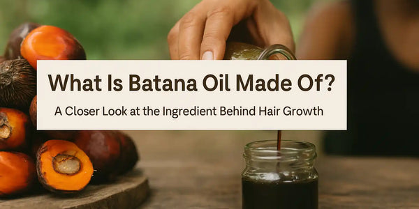 Close-up of Keyoma Batana Oil being poured into a jar, surrounded by raw American palm fruit—the natural source behind this hair growth ingredient
