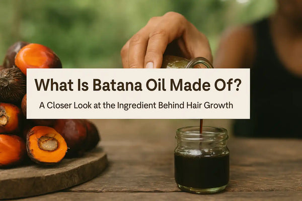 Close-up of Keyoma Batana Oil being poured into a jar, surrounded by raw American palm fruit—the natural source behind this hair growth ingredient