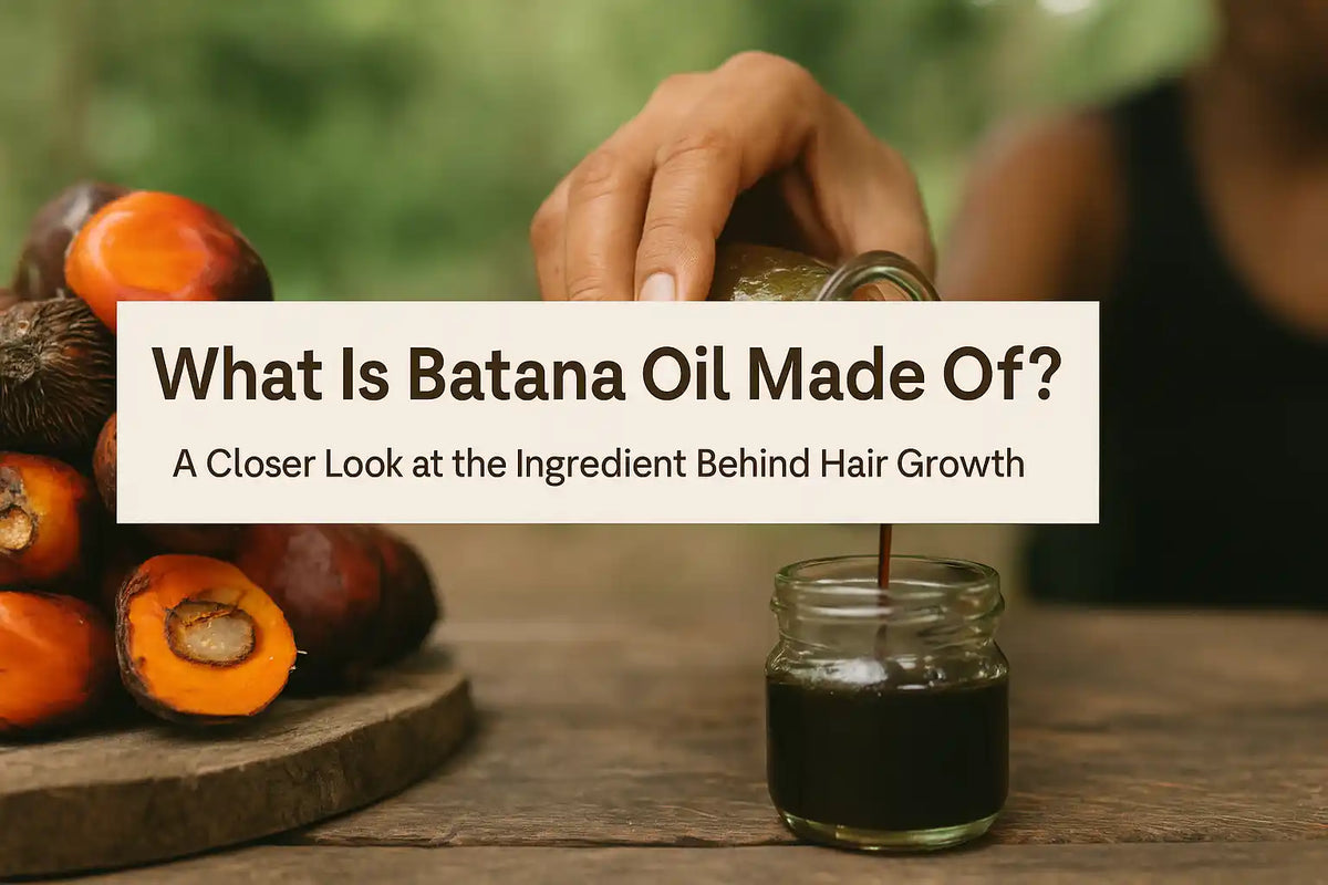 Close-up of Keyoma Batana Oil being poured into a jar, surrounded by raw American palm fruit—the natural source behind this hair growth ingredient