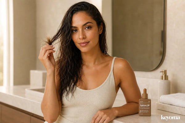 Woman examining the ends of her wet hair beside a bottle of Keyoma Batana Oil in a bathroom.