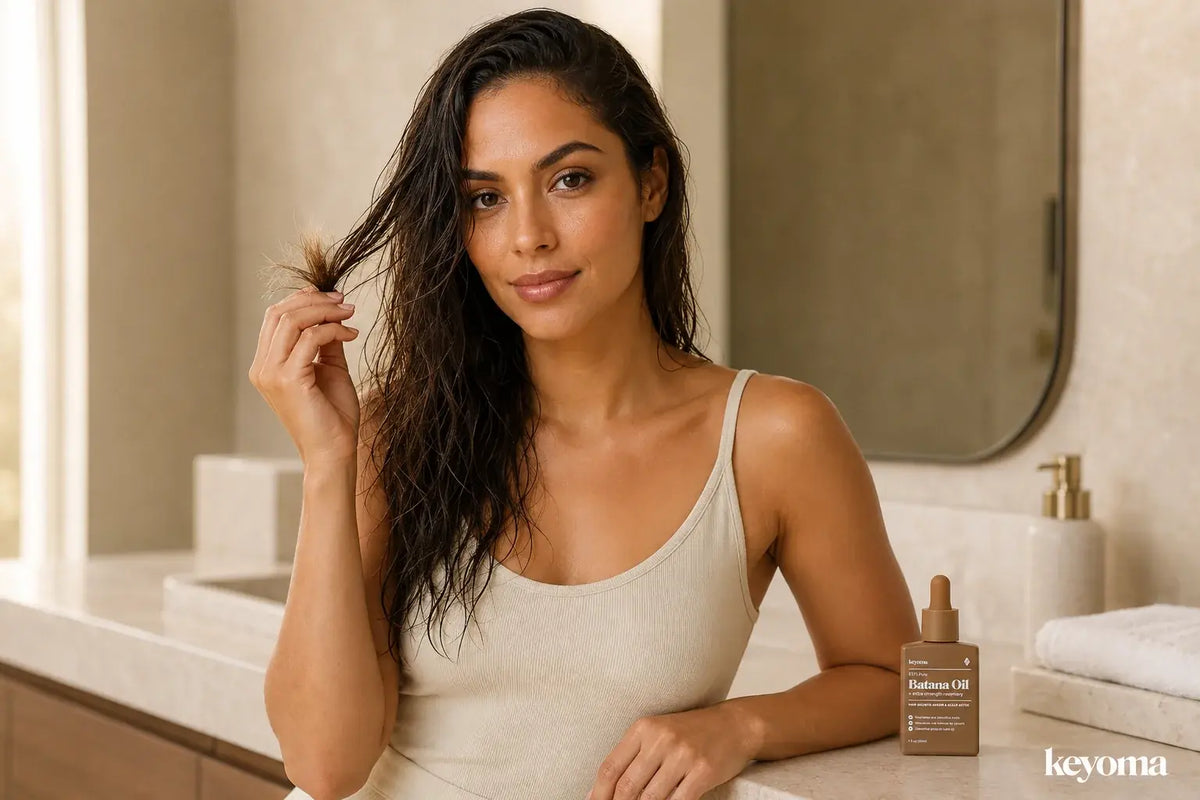 Woman examining the ends of her wet hair beside a bottle of Keyoma Batana Oil in a bathroom.