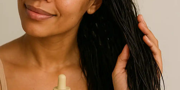 Smiling woman applying batana oil to damp hair, enjoying a natural hair care routine supported by Keyoma’s nourishing approach