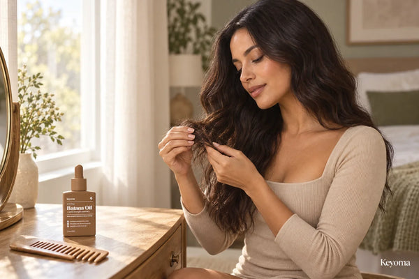 Woman examining the dry ends of her long wavy hair beside a bottle of Keyoma Batana Oil.