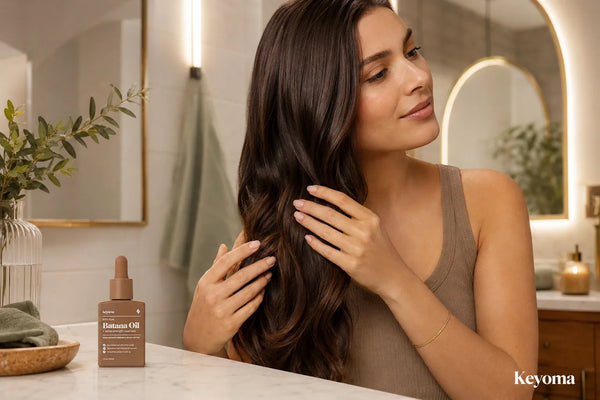 Woman applying Keyoma Batana Oil to the ends of her long, dark hair in a bathroom.