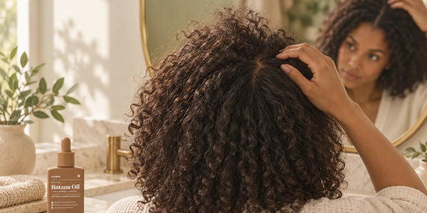 Woman examining the short curly hairs at her crown in a mirror beside a bottle of Keyoma Batana Oil.