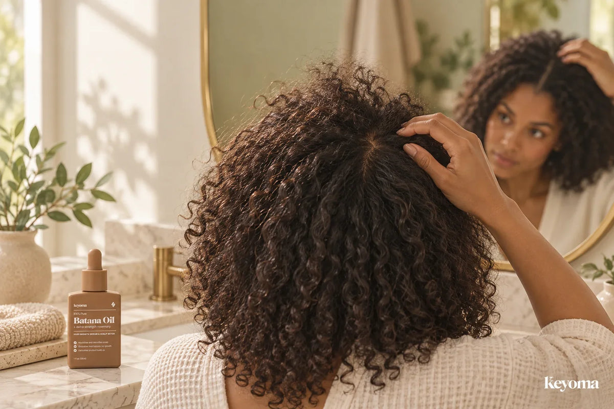 Woman examining the short curly hairs at her crown in a mirror beside a bottle of Keyoma Batana Oil.