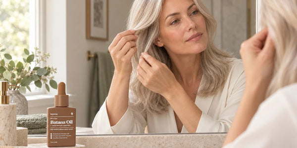 Woman examining her gray hair in a bathroom mirror beside a bottle of Keyoma Batana Oil.