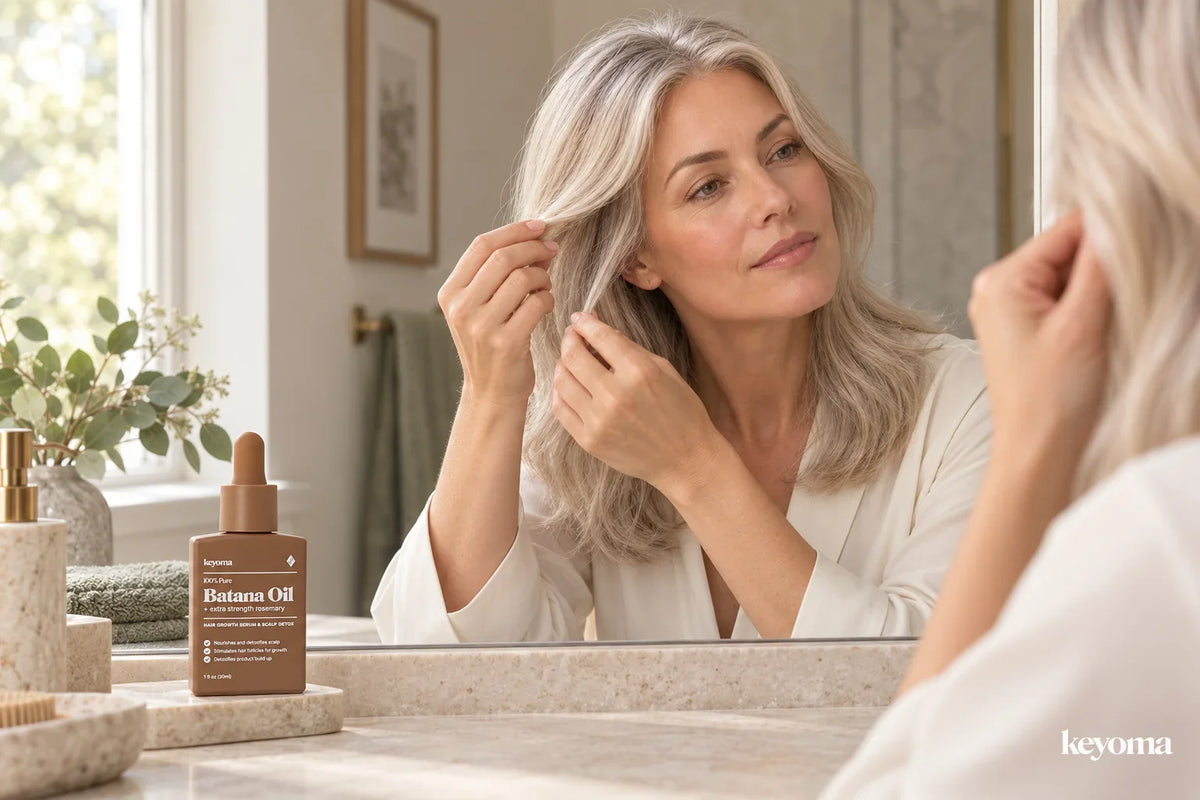 Woman examining her gray hair in a bathroom mirror beside a bottle of Keyoma Batana Oil.