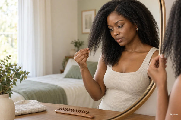 Woman examining the uneven ends of her natural hair in a mirror to check for repeated breakage at the same length.