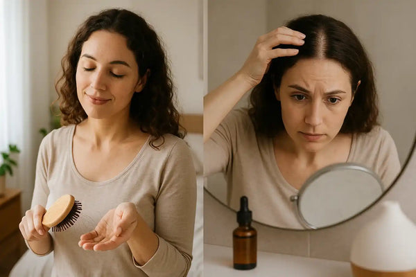 A woman with curly hair evaluates hair shedding and checks her scalp in the mirror, as shown in a Keyoma Health visual about monitoring signs of hair thinning.