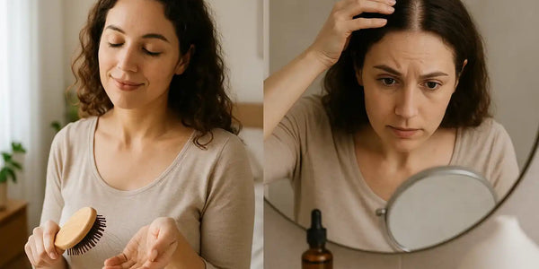 A woman with curly hair evaluates hair shedding and checks her scalp in the mirror, as shown in a Keyoma Health visual about monitoring signs of hair thinning.