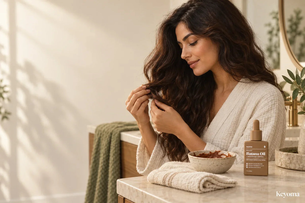Woman examining the ends of her dark wavy hair beside henna powder and a bottle of Keyoma Batana Oil.