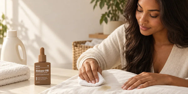 Woman blotting a hair oil stain from a white cushion beside a bottle of Keyoma Batana Oil and laundry detergent.