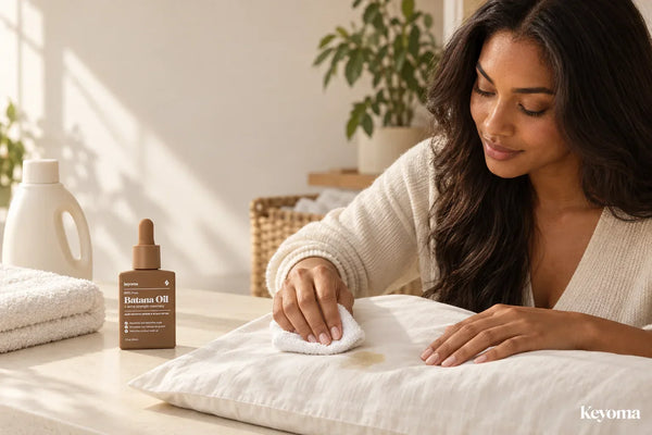 Woman blotting a hair oil stain from a white cushion beside a bottle of Keyoma Batana Oil and laundry detergent.