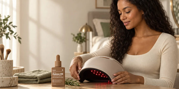 Woman preparing a red light therapy cap beside a bottle of Keyoma Batana Oil on a bathroom vanity.