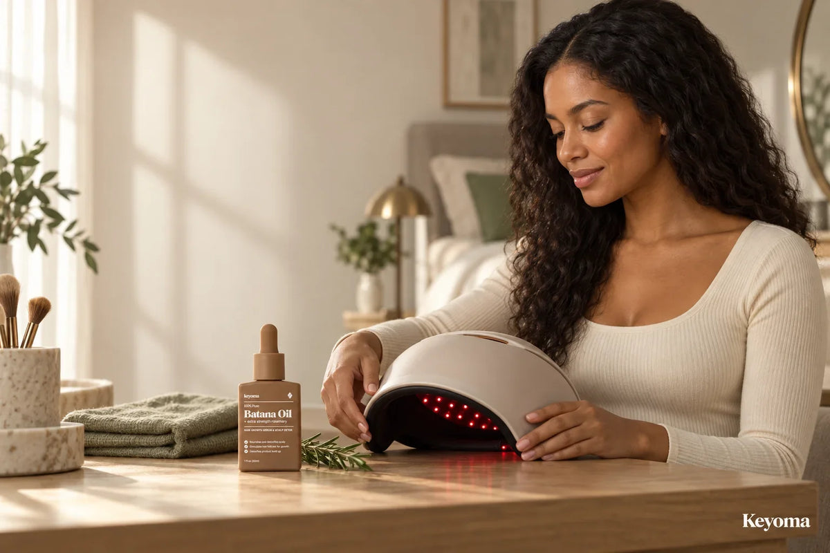 Woman preparing a red light therapy cap beside a bottle of Keyoma Batana Oil on a bathroom vanity.