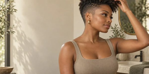 Woman touching the longer curls of her tapered haircut with closely shaved sides in a bright bathroom.