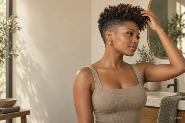 Woman touching the longer curls of her tapered haircut with closely shaved sides in a bright bathroom.