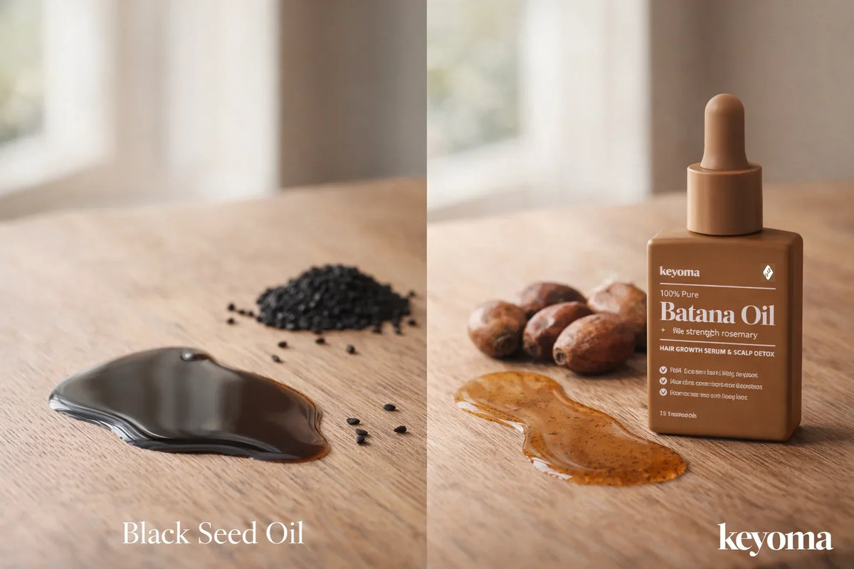 Black seed oil and batana oil comparison showing liquids, seeds, and Keyoma bottle on wooden table.