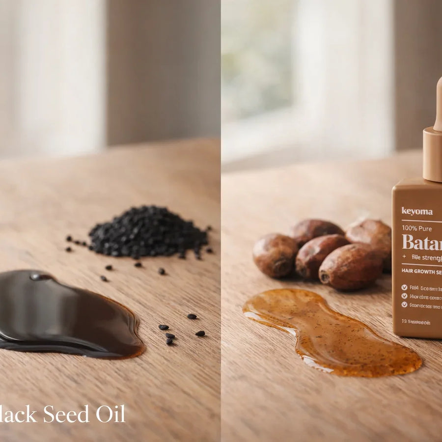 Black seed oil and batana oil comparison showing liquids, seeds, and Keyoma bottle on wooden table.