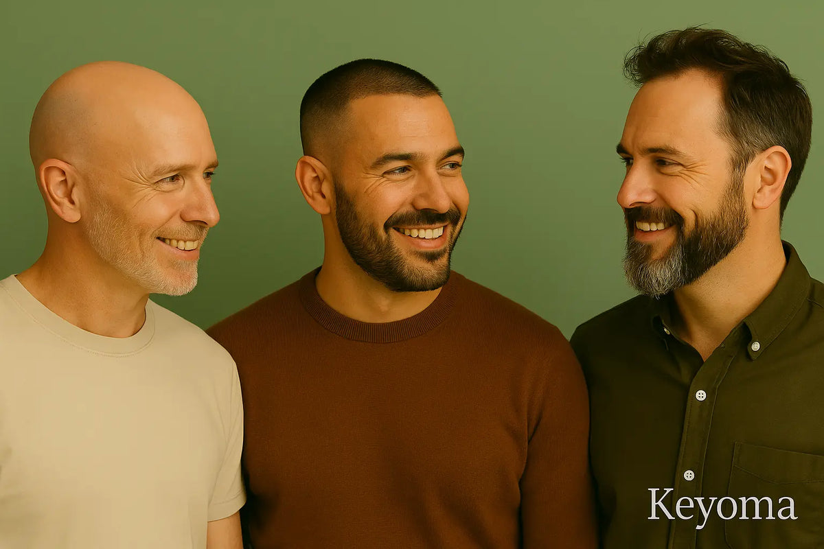 Keyoma illustration showing three confident men with different balding hairstyles and beard styles smiling at each other