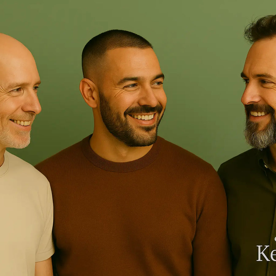 Keyoma illustration showing three confident men with different balding hairstyles and beard styles smiling at each other