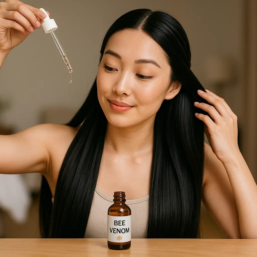woman applying bee venom serum on scalp image by Keyoma