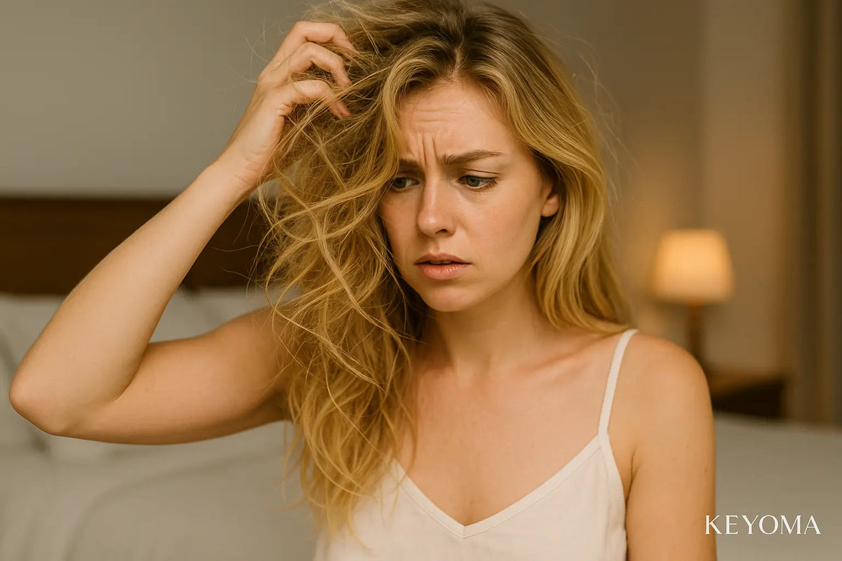 Keyoma image of a blonde woman dealing with hair tangles and knots