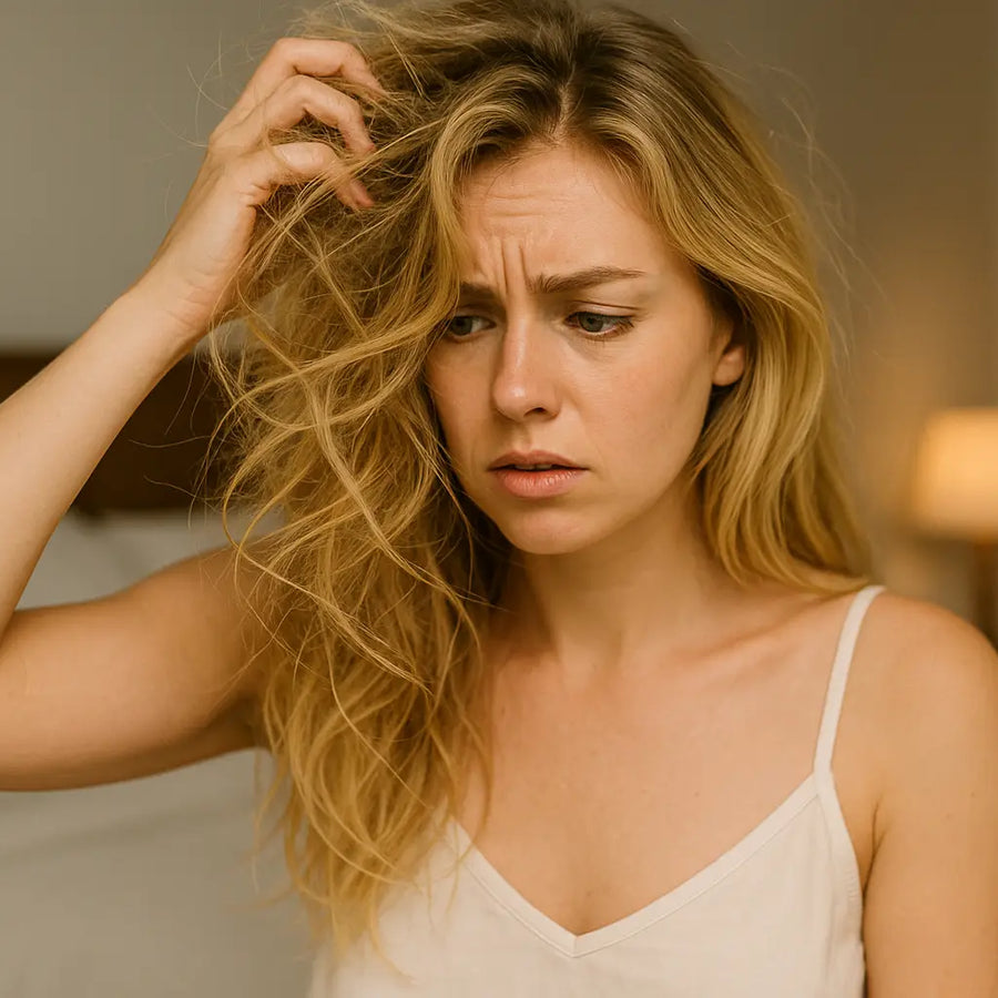 Keyoma image of a blonde woman dealing with hair tangles and knots