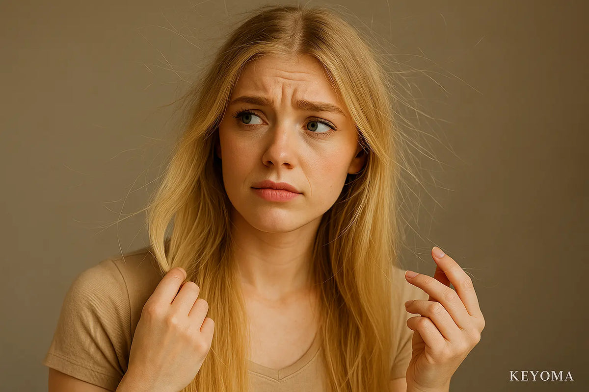 Keyoma image of a blonde woman dealing with staticky hair
