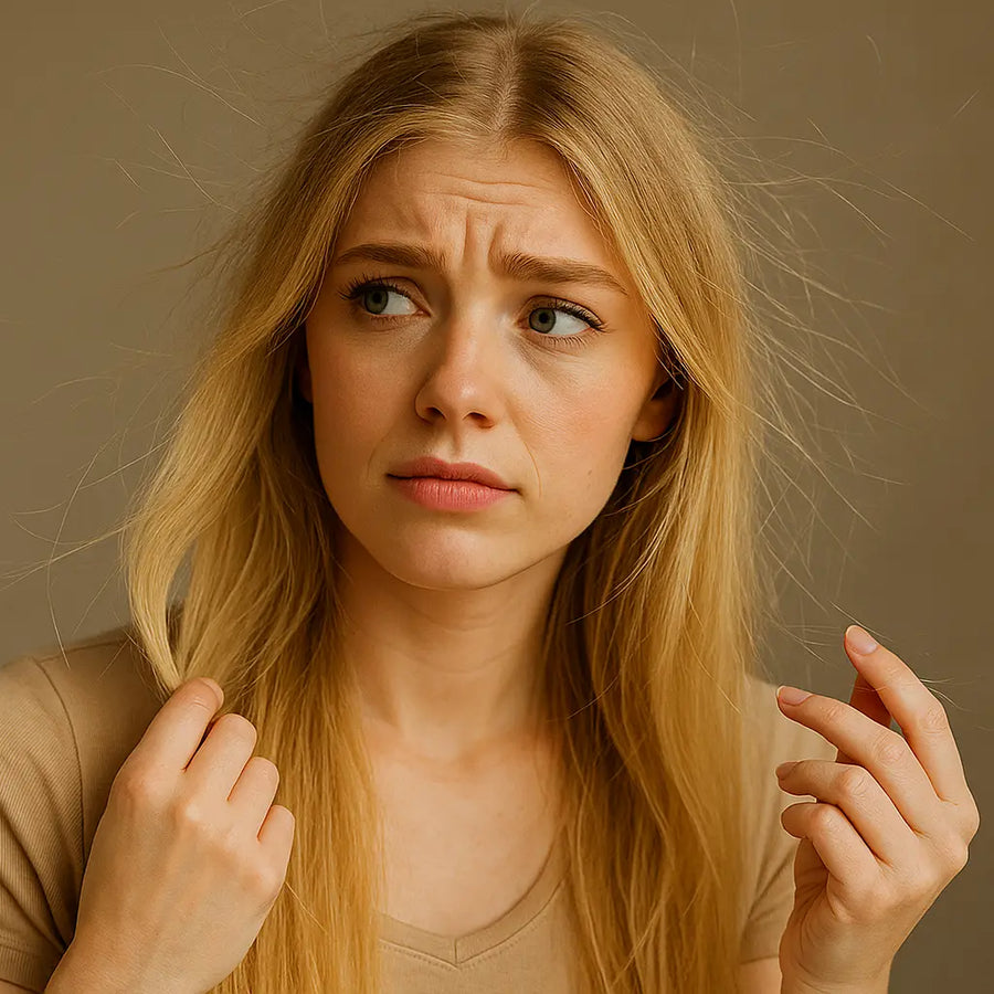 Keyoma image of a blonde woman dealing with staticky hair