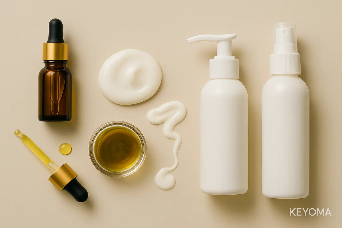 Keyoma illustration of a hair serum and leave-in conditioner bottles laid flat on a table