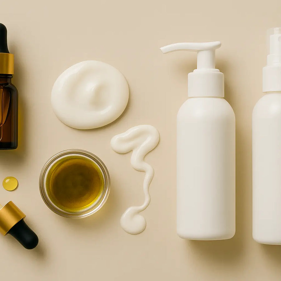 Keyoma illustration of a hair serum and leave-in conditioner bottles laid flat on a table