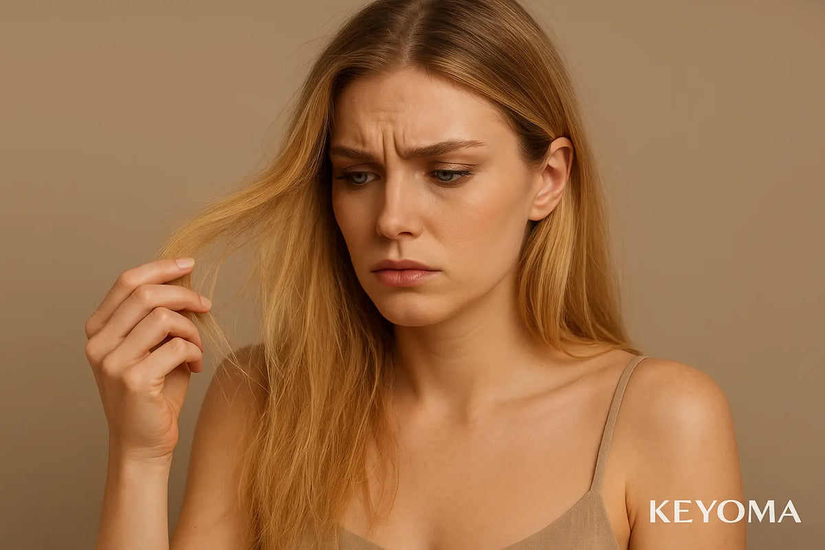Keyoma image of a woman dealing with how to repair chemically damaged hair