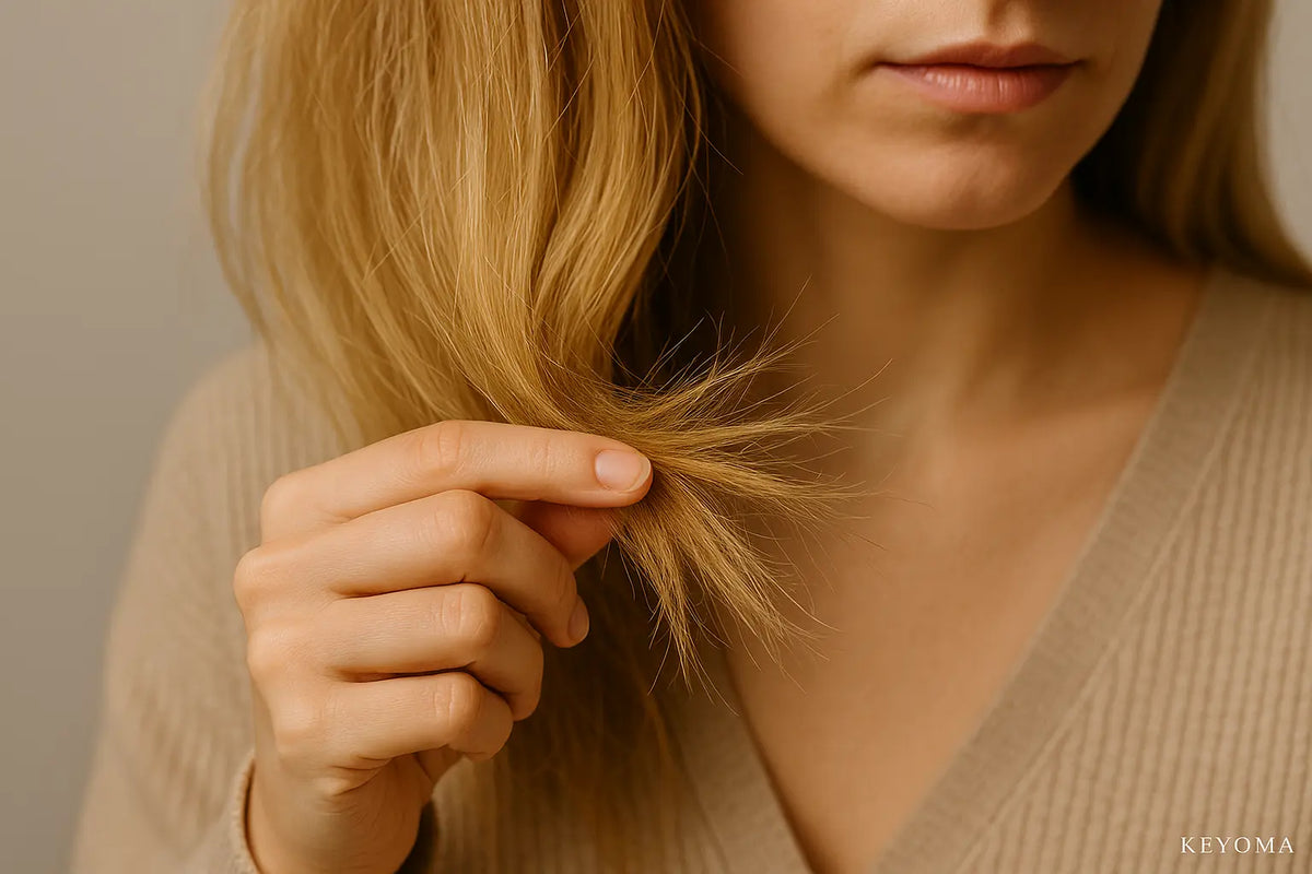 Keyoma image of a close up look of a woman dealing with split ends on hair