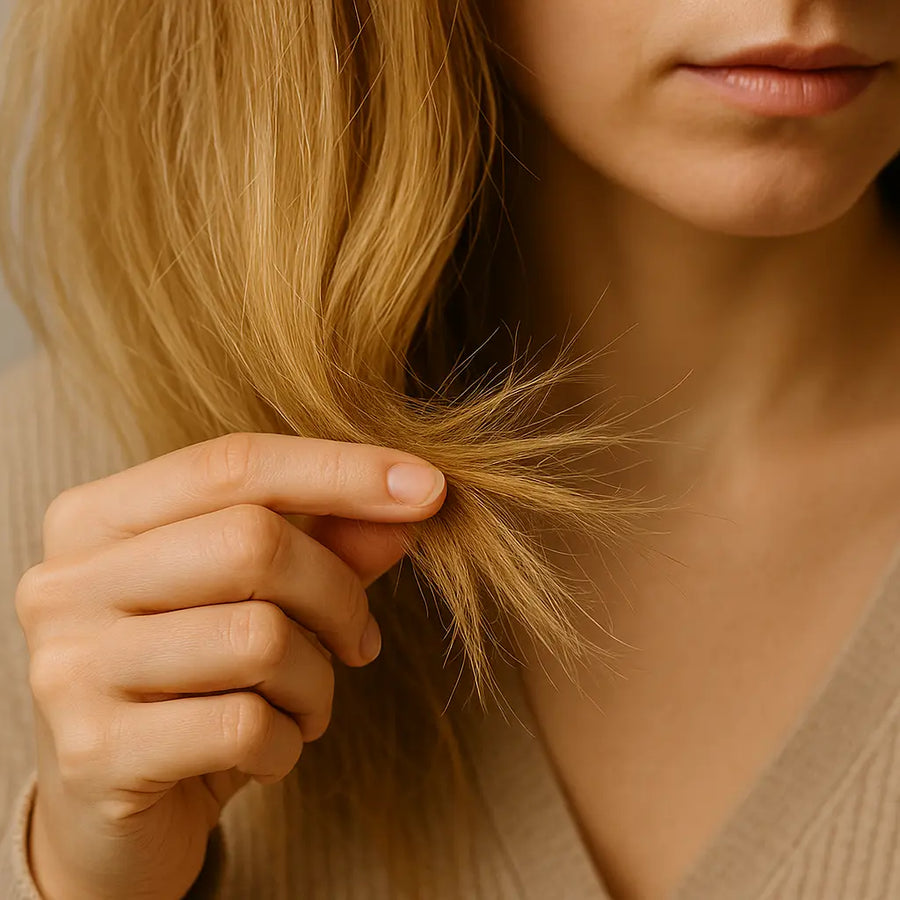 Keyoma image of a close up look of a woman dealing with split ends on hair