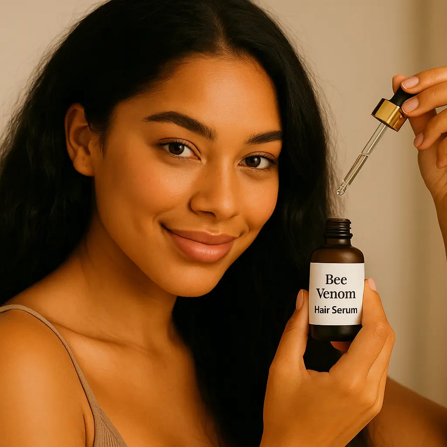 Keyoma image of a woman with curly hair holding a bottle of bee venom hair serum