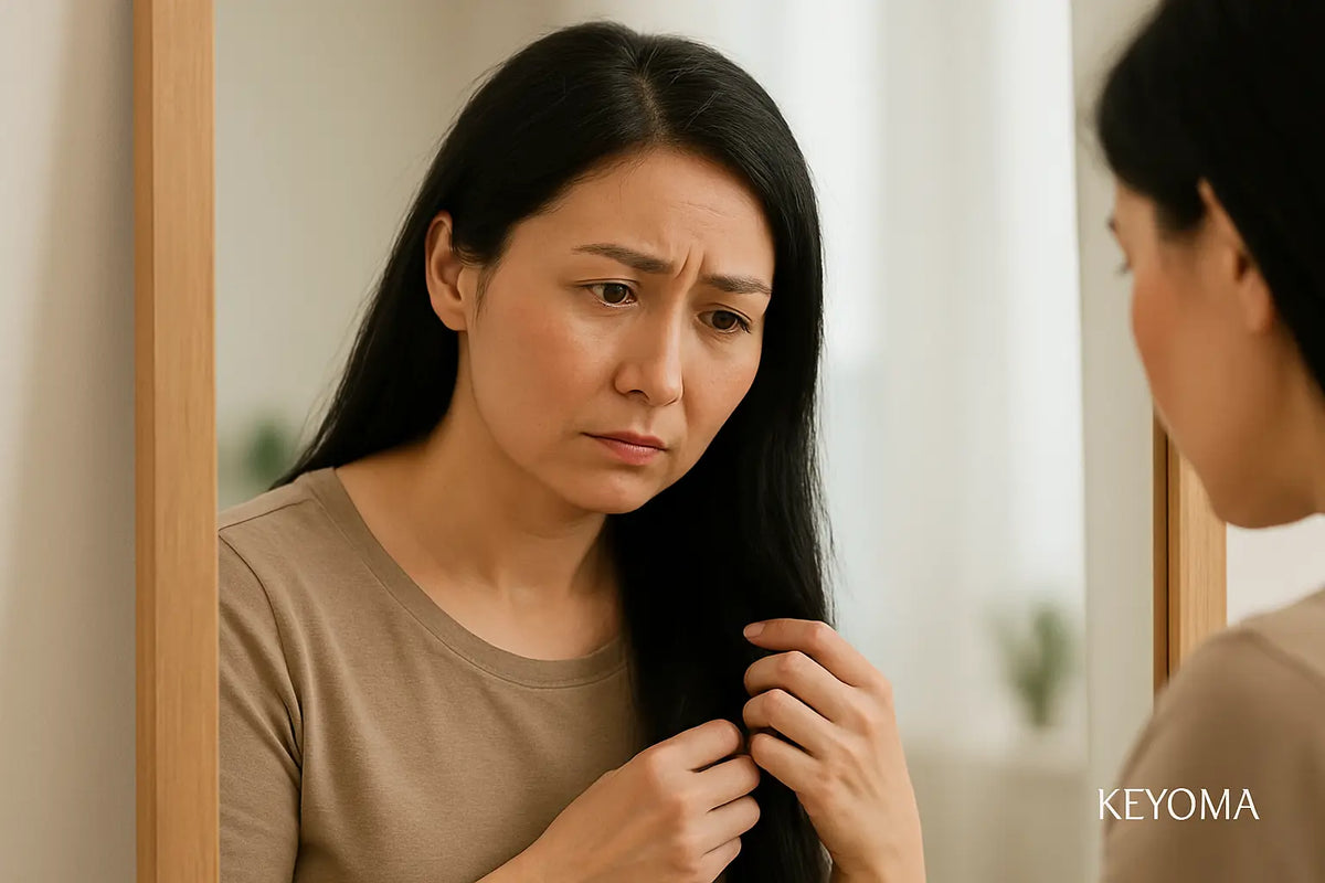 Keyoma illustration of a menopausal woman looking worried about her thinning hair