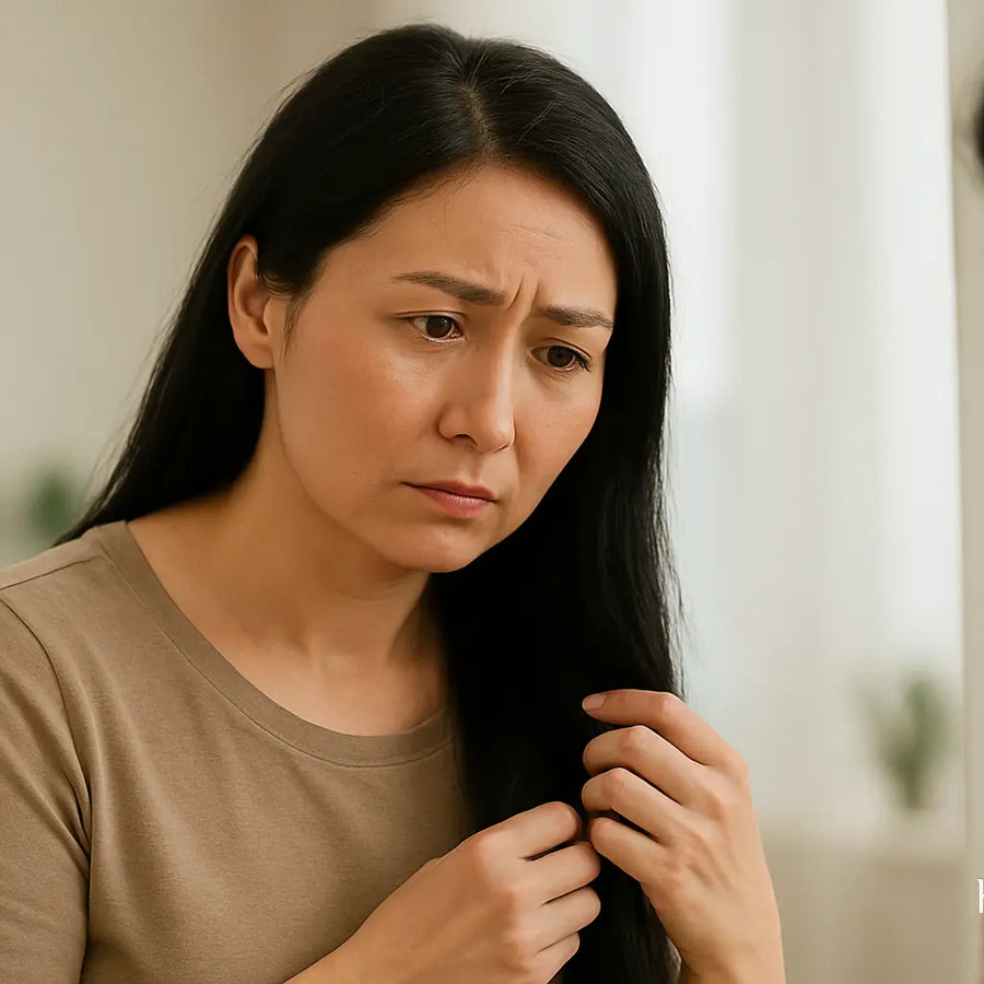 Keyoma illustration of a menopausal woman looking worried about her thinning hair