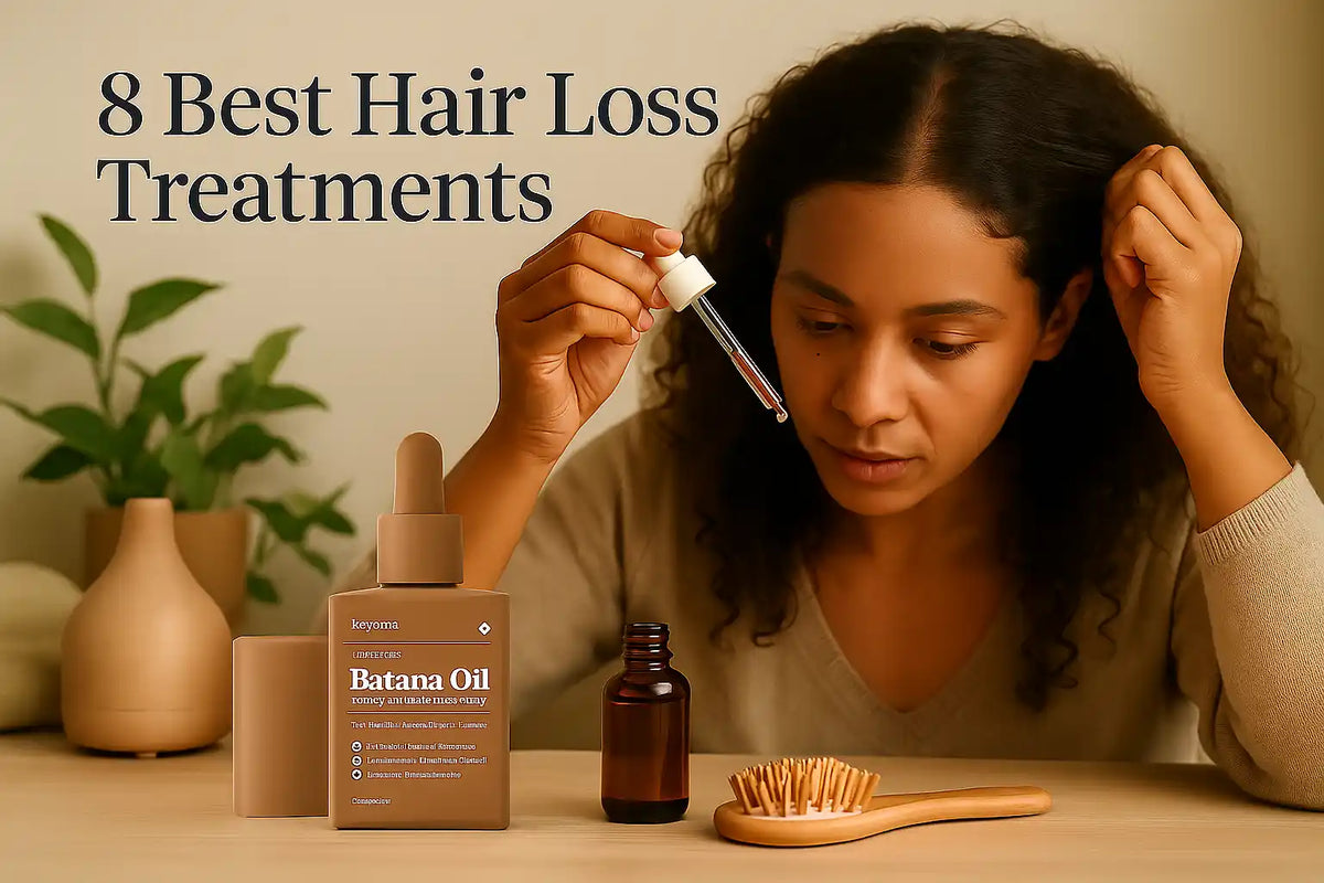 A woman with thinning hair uses a dropper to apply Keyoma’s batana oil while examining her scalp, representing one of the brand's recommended hair loss treatments.