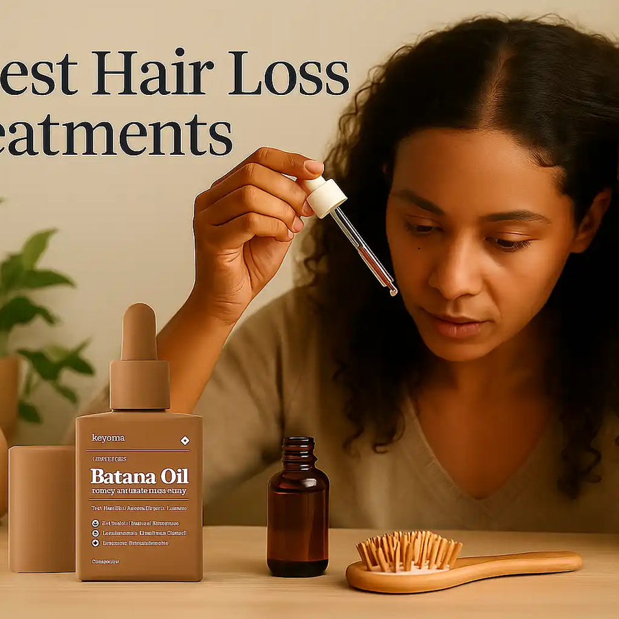 A woman with thinning hair uses a dropper to apply Keyoma’s batana oil while examining her scalp, representing one of the brand's recommended hair loss treatments.