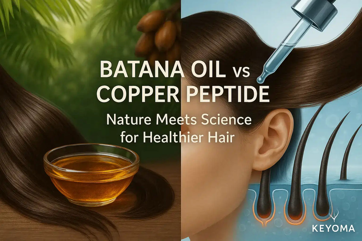 This Keyoma visual compares natural Batana oil and scientific copper peptide for hair health, illustrating the concept of nature meeting science.