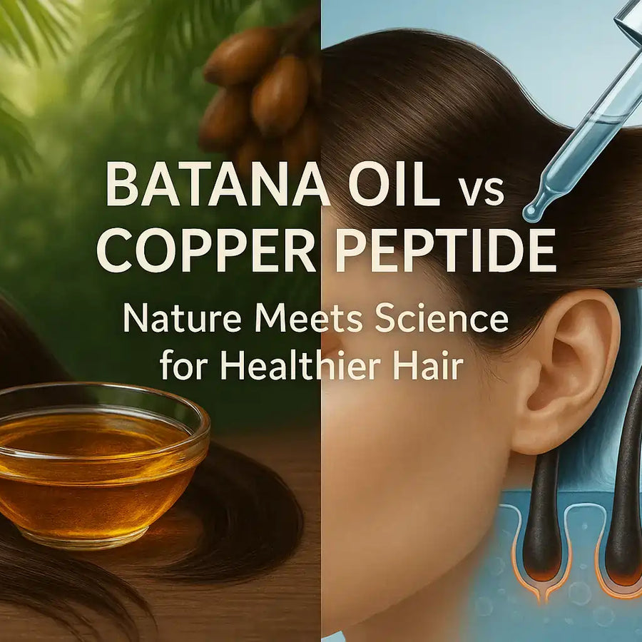 This Keyoma visual compares natural Batana oil and scientific copper peptide for hair health, illustrating the concept of nature meeting science.