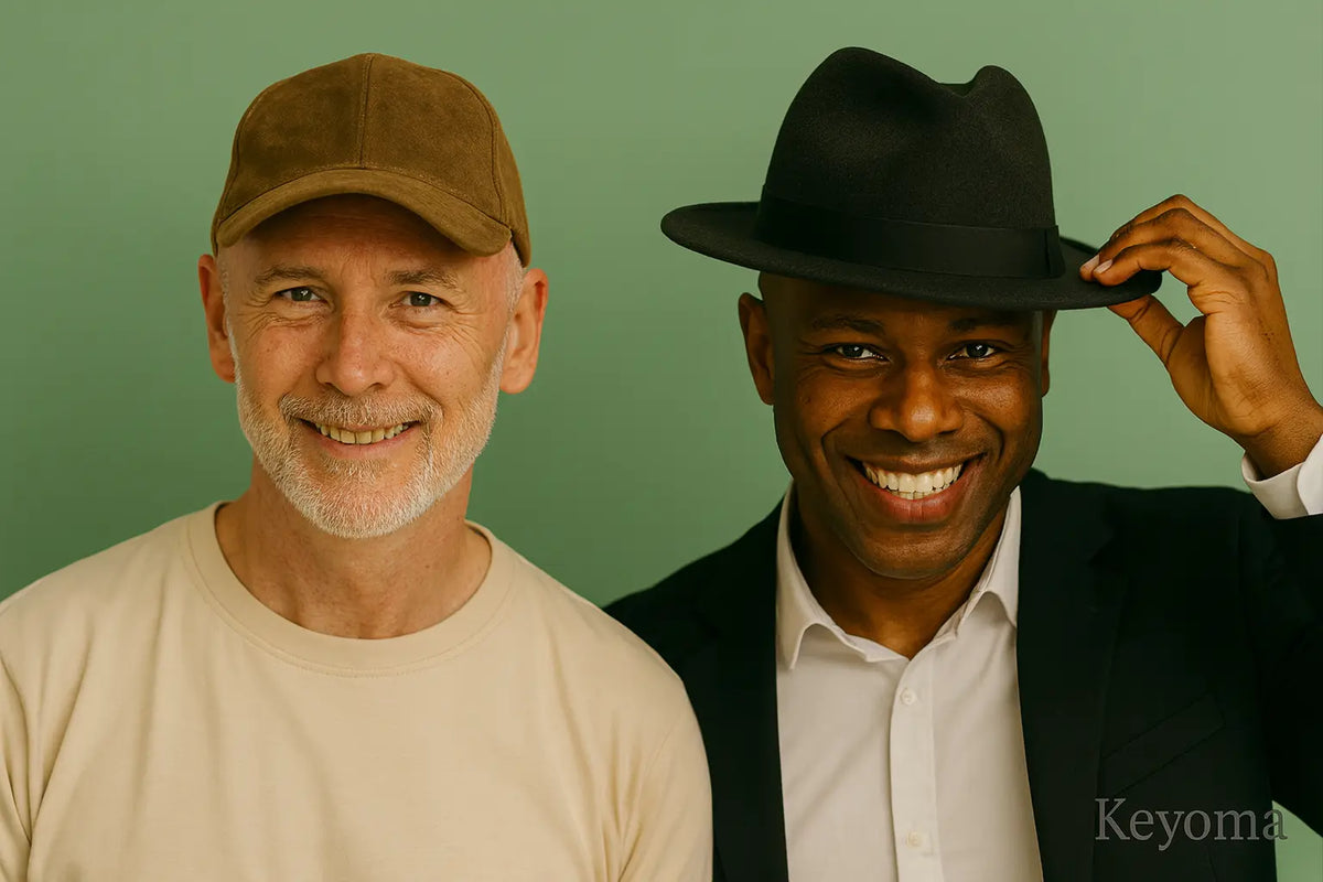 A Keyoma illustration showing a confident bald man in a casual shirt wearing a baseball cap and standing beside a smiling man in a blazer holding a fedora