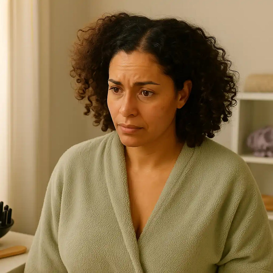 A realistic photo used by Keyoma Health showing a concerned woman with curly hair and visible thinning near her part line, reflecting early signs of hair loss.
