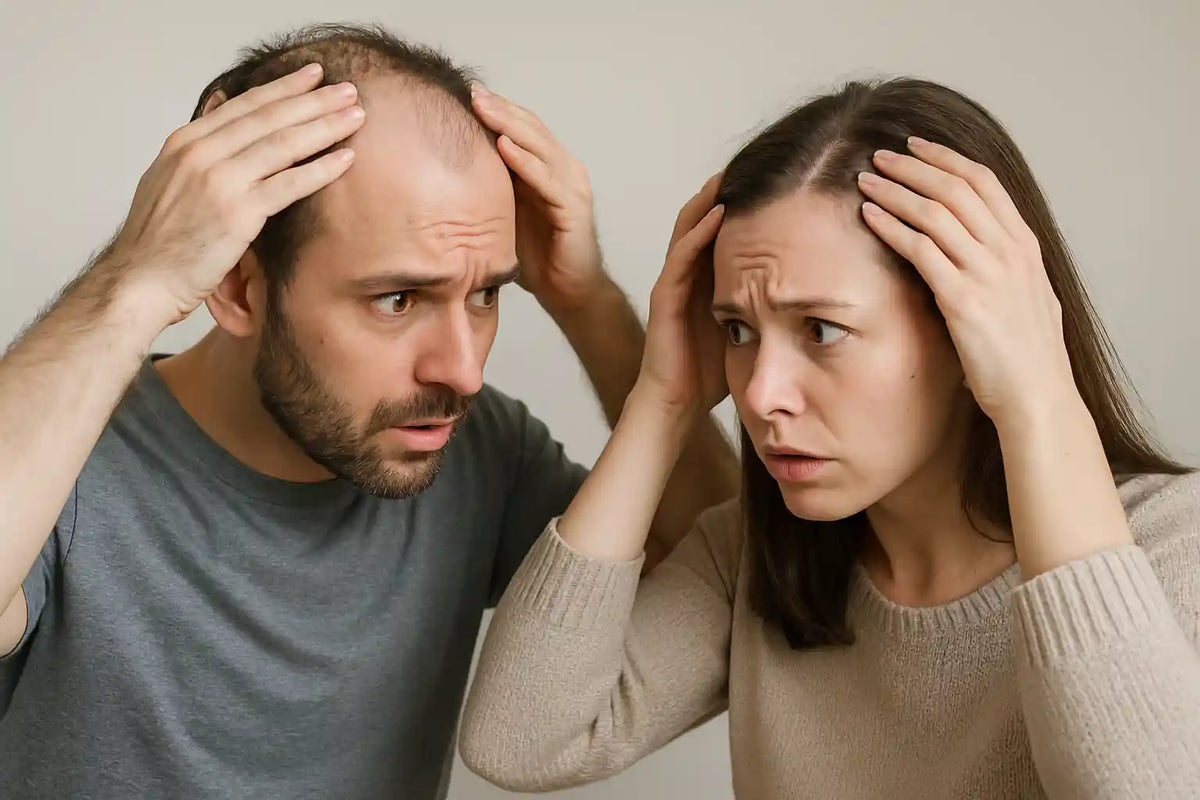 Concerned couple checking signs of hair thinning, highlighting the need for hair loss solutions supported by Keyoma