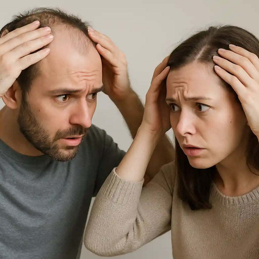 Concerned couple checking signs of hair thinning, highlighting the need for hair loss solutions supported by Keyoma