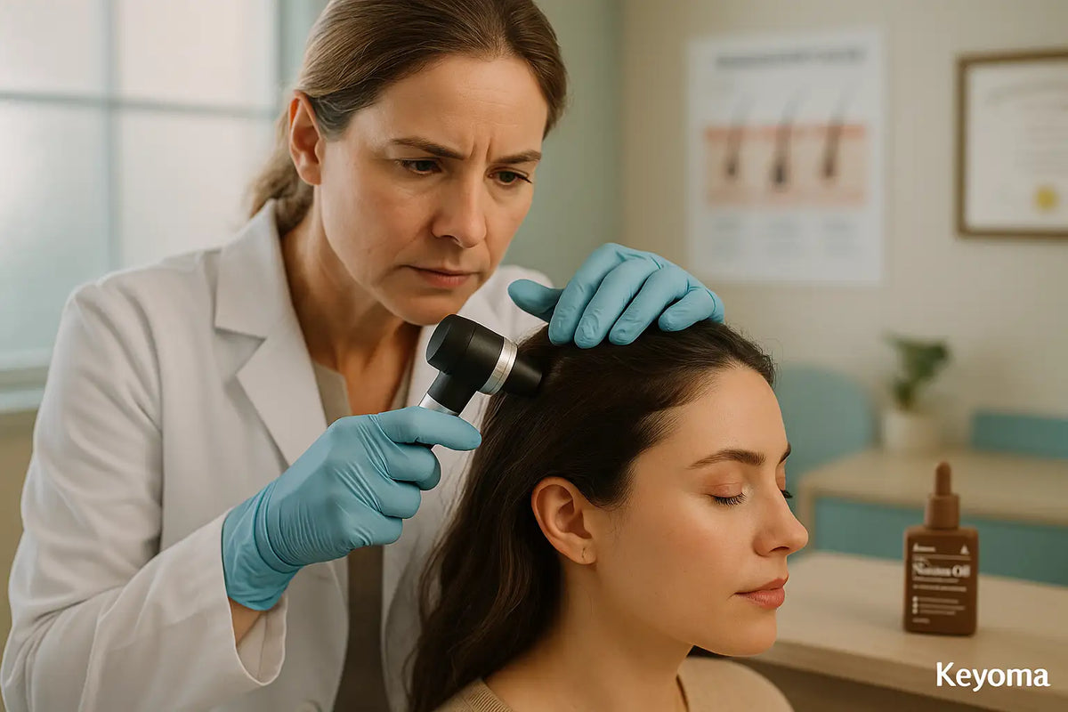 A dermatologist wearing blue gloves examines a woman’s scalp with a dermatoscope during a clinical checkup, with a Keyoma batana oil bottle visible on the table in the background.