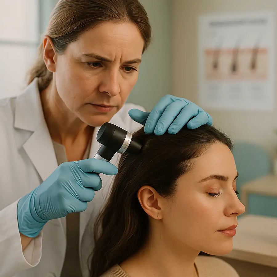 A dermatologist wearing blue gloves examines a woman’s scalp with a dermatoscope during a clinical checkup, with a Keyoma batana oil bottle visible on the table in the background.